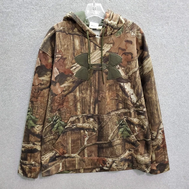 Under Armour Men Sweatshirt Large Brown Camo Hoodie Logo Hunting Loose READ