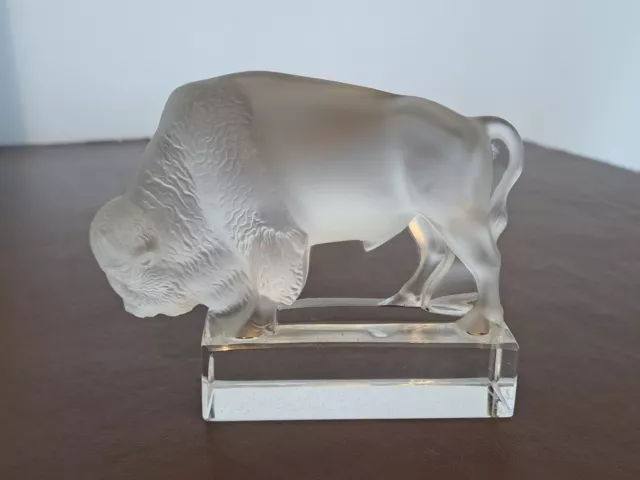 Lalique France Frosted Glass Bison On Clear Glass Base.