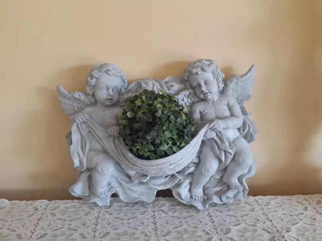 Vintage Two Cherubs Wall Hanging Pocket/Planter - Gray 16 Inches Indoor Outdoor