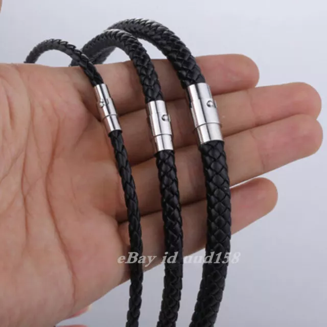 4/6/8MM Mens Black Braided Cord Rope Leather Necklace Choker w/ Magnetic Clasp