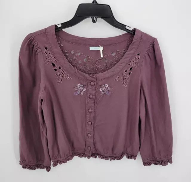 Kimchi Blue Top Womens Small Maroon Puff Sleeve Embroidered Scoop Neck Crop Boho