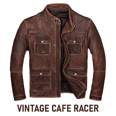 Cappotto vintage effetto anticato stile Biker Cafe Racer Uomo Giacca Da Moto Vera Pelle