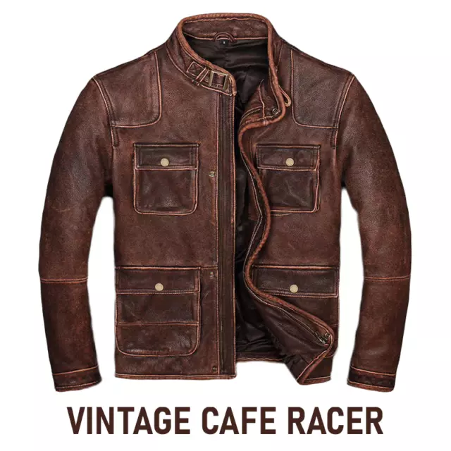 Giacca vintage effetto invecchiato Biker Coat Cafe Racer uomo moto vera pelle