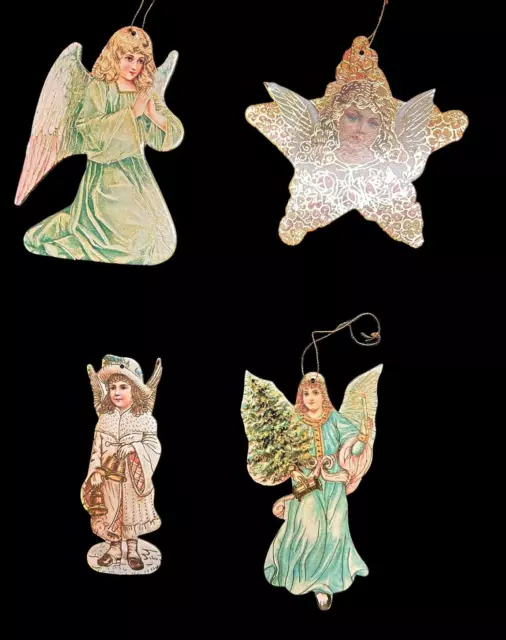 Vtg Christmas Ornaments Victorian Die Cut Paper Cardboard Angel ~ Lot Of 4