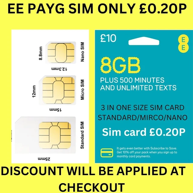 EE Sim Card Pay As You Go £10 Pack 8GB Data Unlimited SMS Mini Micro Nano