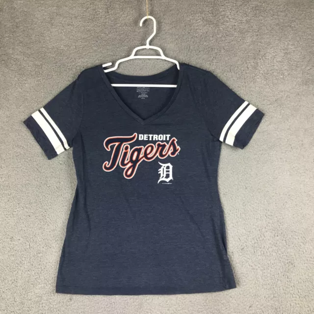 5th Ocean MLB Detroit Tigers Womens V Neck Short Sleeve Blue T Shirt Sz L