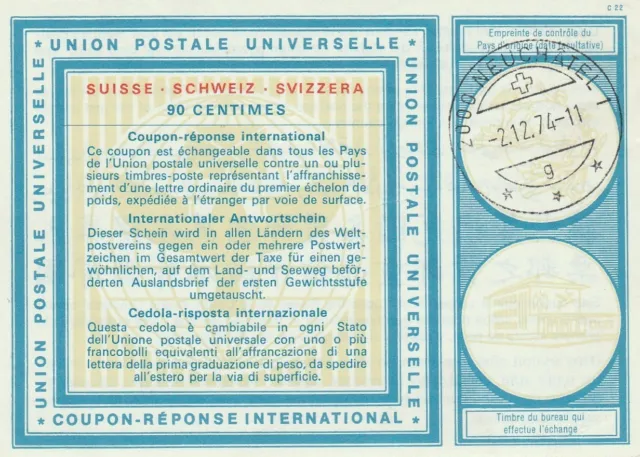 Switzerland International Reply Coupon  90c Neuchatel 1974