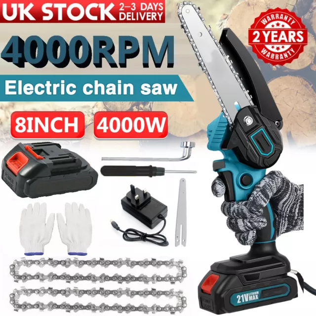 Mini Cordless Chainsaw 8inch Electric One-Hand Saw Wood Cutter + Batter Kit UK