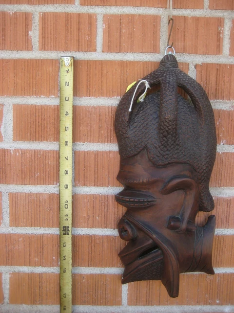 Vintage 3" x 7" x 16" African Carved Wood Tribal Mask Face Home Art Decor AFRICA
