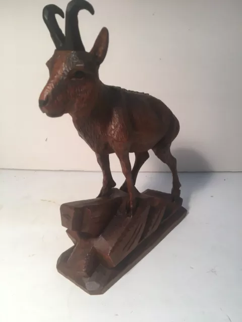 Antique Black Forest Swiss Wood Carved Chamois Mountain Goat- Original Label