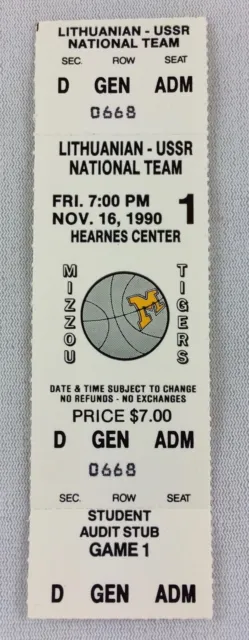 1990 11/16 Lithuanian - USSR National at Missouri Tigers Basketball Full Ticket