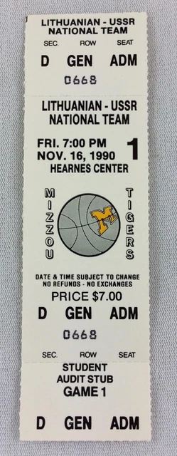 1990 11/16 Lithuanian - USSR National at Missouri Tigers Basketball Full Ticket