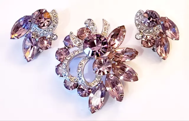 Gorgeous Dazzling Eisenberg Lilac Crystal Brooch Earrings Set Demi Parure Vtg