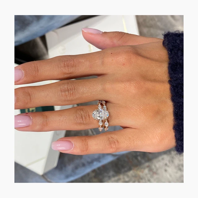 Diamond Ring Oval VS1 F IGI Certified 5.15 Ct Lab Created 14K Pink Gold Band Set