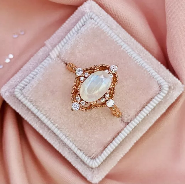 Oval Cut Natural Moonstone Rose Gold Plated On Silver Victorian Engagement Ring