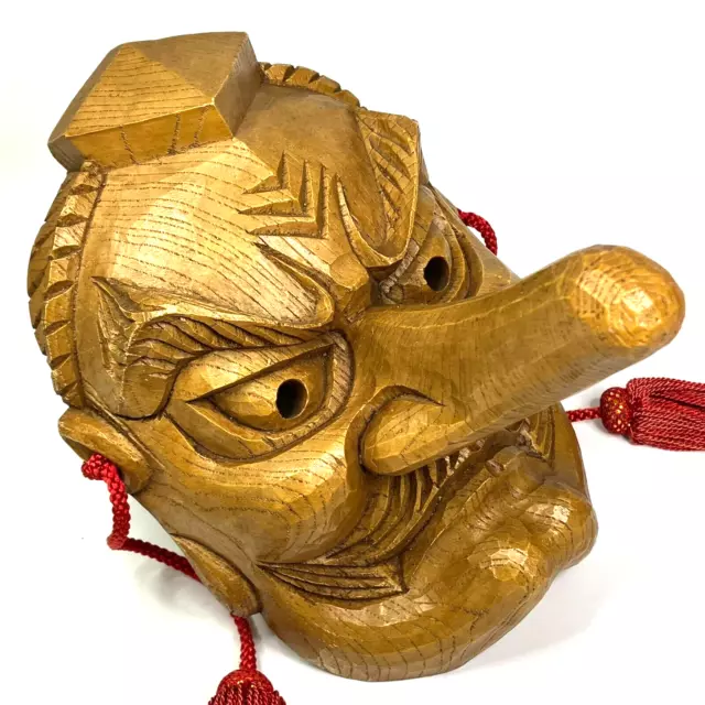 Vintage Japanese Hand-Carved Wood-Grain TENGU Mask 7.5" x 5.5" Ornament 14 oz.