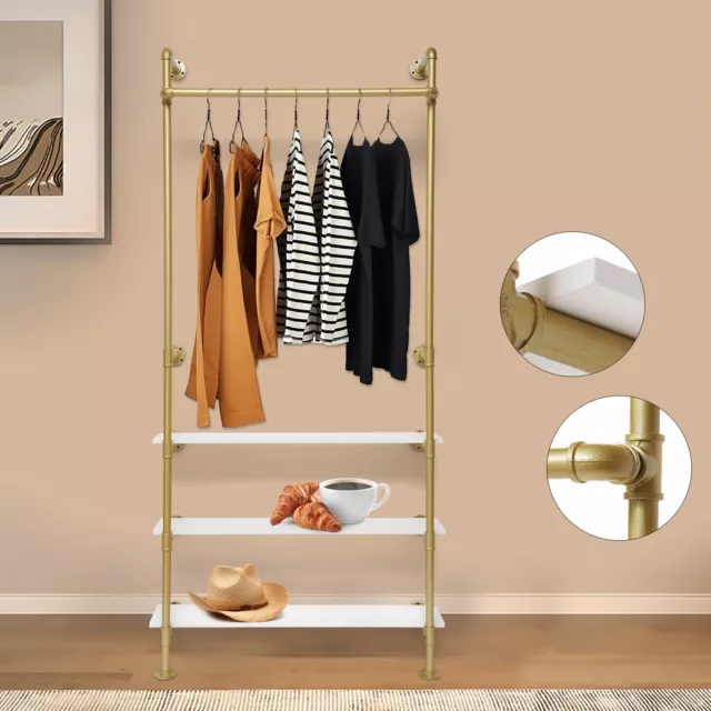 Gold Wall Mount Garment Rack Clothes Hanger Stand with 3 Tiers Storage Shelf