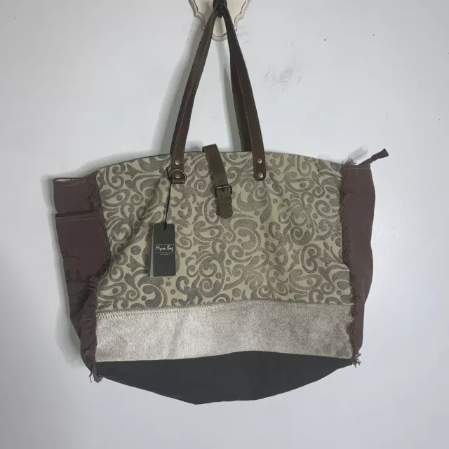 myra bag large tote canvas with leather straps new with tags brown tan gray