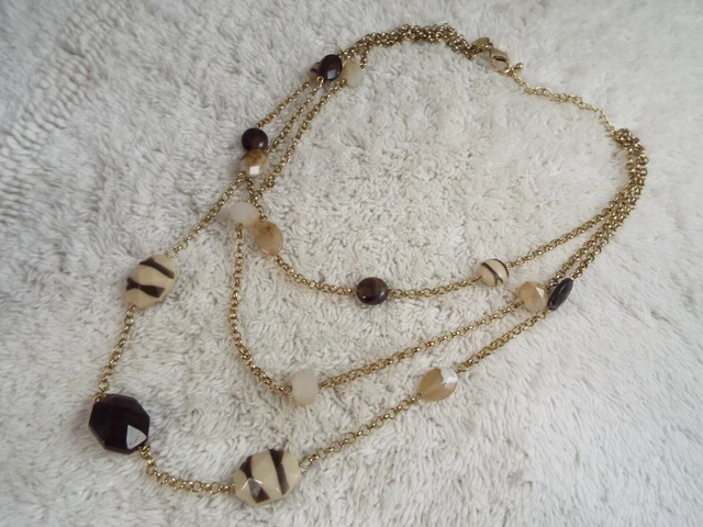 CHARMING CHARLIE Goldtone Beige Brown Bead Necklace (D57)