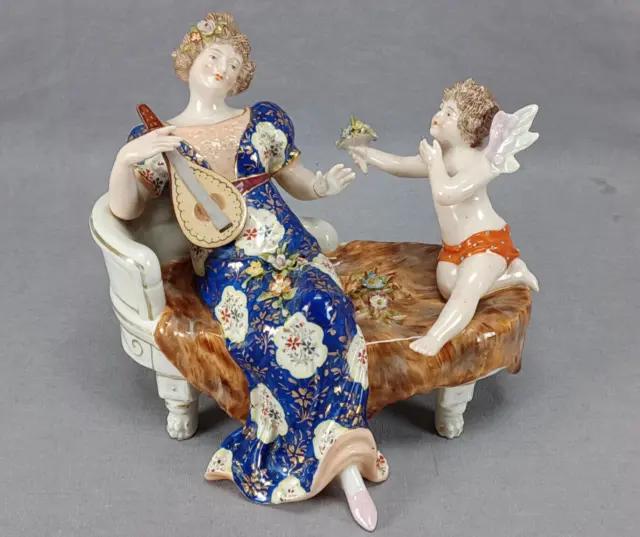 Sitzendorf Hand Painted Lady With Mandolin & Cherub Figurine Circa 1887-1900