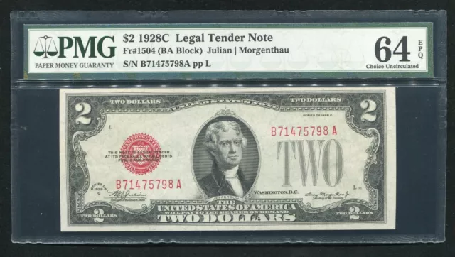 Fr. 1504 1928-C $2 Red Seal Legal Tender United States Note Pmg Unc-64Epq