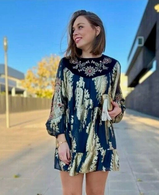 ZARA DRESS SMALL Navy Gold Embroidered Velvet Metallic Tiered Tunic Lined  41.26 - PicClick UK