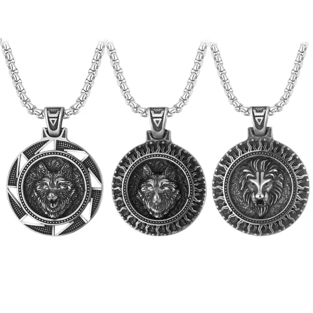 Men's Norse Viking Wolf Lion Head Celtic Medal Stainless Steel Pendant Necklace