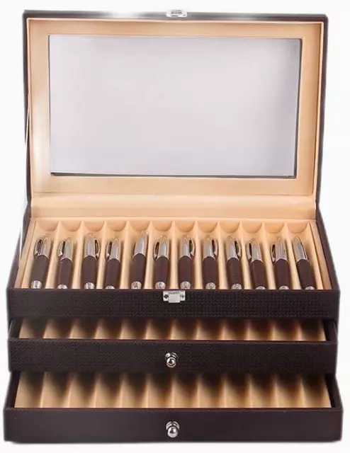 3 Layer Wood 36 Slots Leather Pen Display Box Fountain Pen Collector Case Holder