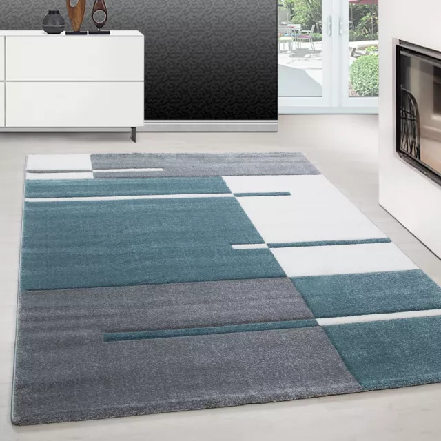 Wohnzimmer Teppich, Kariert design Blau - Grau - Weiß, Modern Konturenschnitt