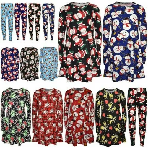 Bambine Natale Abito Babbo Pupazzo di Neve Pinguino Stampa New Vestiti Leggings