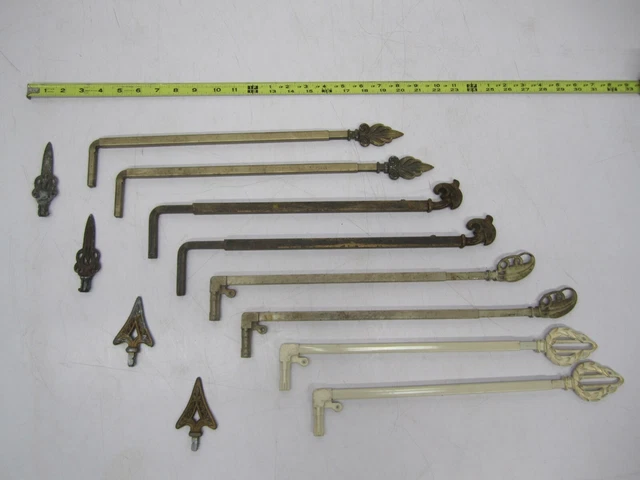 Mixed Lot 8 Vtg Antique Cast Metal Swing Arm Extendable Curtain Rods & 4 Finials 2