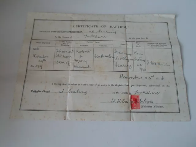 Certificate of Baptism THOMAS WILLIAM FEATHERSTONE 1936 at Scaling   §DJ210