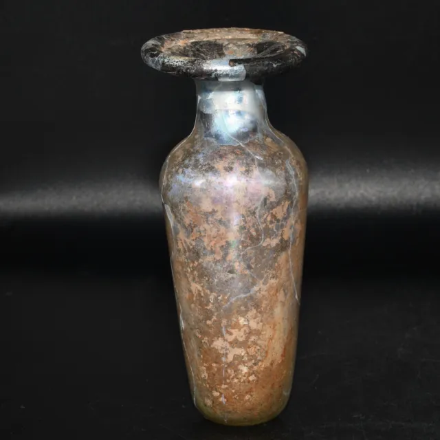 Genuine Ancient Roman Glass Bottle with Iridescent Patina in Perfect Condition