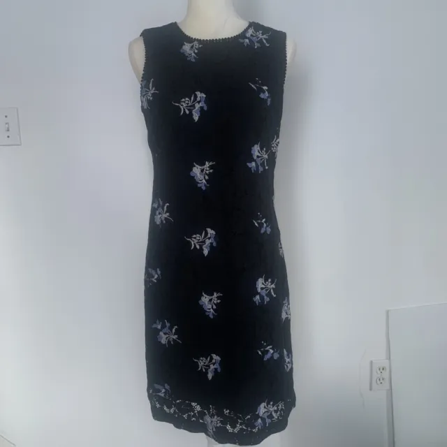 Ann Taylor Sheath Lace Dress Size 6 Floral Print Sleeveless Zip Lined Black Midi