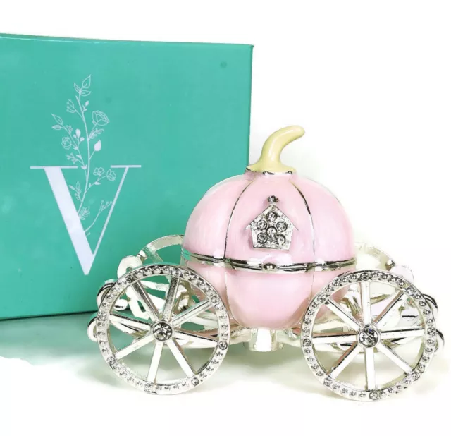 VI N VI Pink Rhinestone Princess Cinderella Crystal Pumpkin Carriage Trinket Box