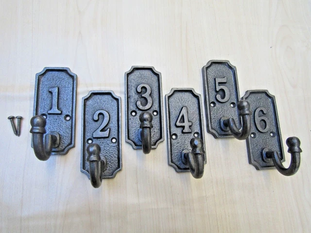 INDUSTRIAL NUMBERED 1-6  cast iron coat hooks rustic vintage old antique styel