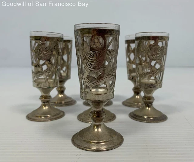 Vintage Set Of 7 Mexican Sterling Silver Overlay W/ Glass Insert Cordials 3" 64g