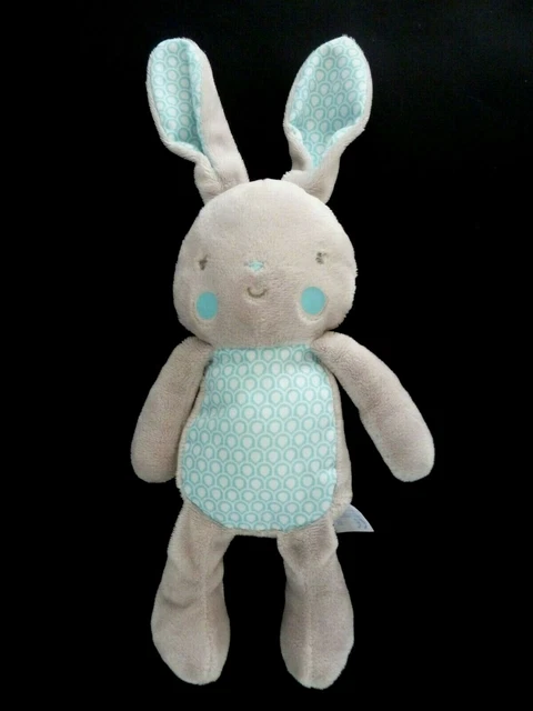 *. DOUDOU PELUCHE KLORANE LAPIN GRIS BLEU VERT BLANC ALVEOLE ROND 26cm  NEUF*