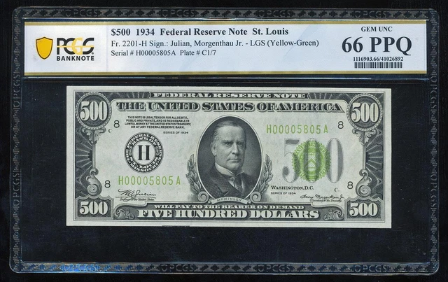 Fr.2201-H 1934 $500 Frn St Louis Pcgs66 Ppq Gem Cu "Light Green Seal"