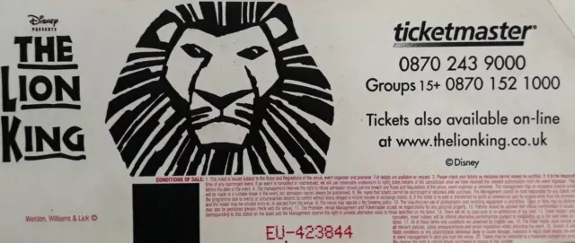 The Lion King Musical At The Lyceum Theatre In London 2004 Ticket Stub. 2