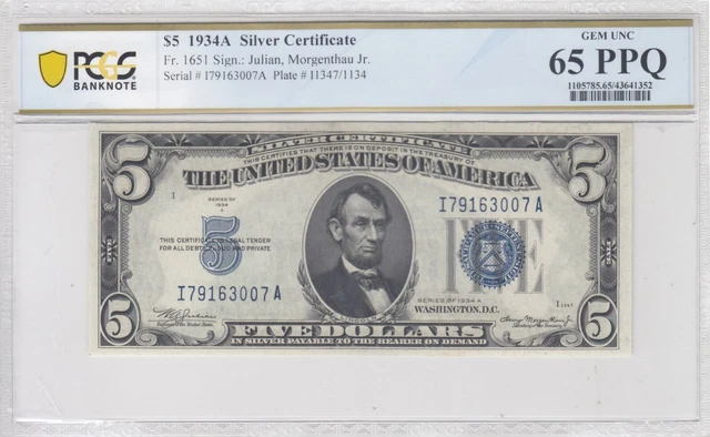 1934A $5 Silver Certificate Fr. 1651 PCGS Banknote Gem Unc 65 PPQ