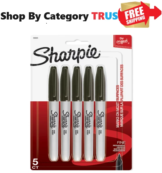 Sharpie Permanent Markers, Fine Point, Black, 5 Count