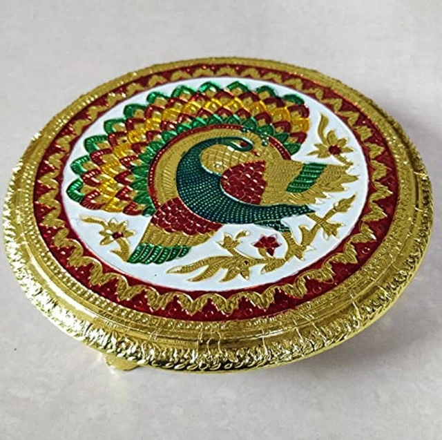 Indian Traditional Golden Meenakari Work Wooden Pooja Chowki