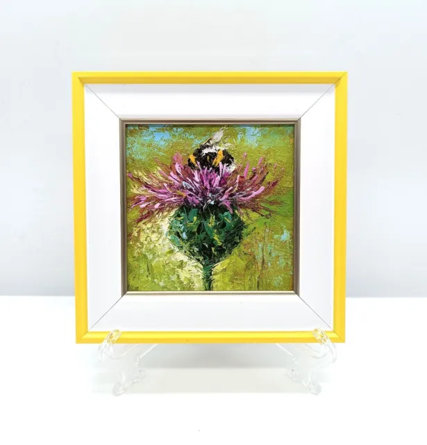 Original oil painting signed framed Bumblebee art Burdock flowers Impasto 4x4 in