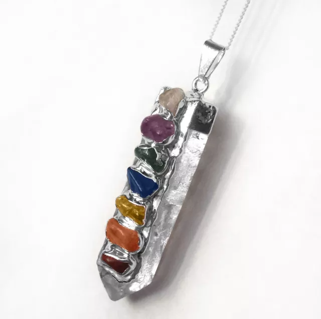 Quartz 7 Chakra Pendant FuNkY Crystal Point Sterling Silver Necklace CHARGED Rei