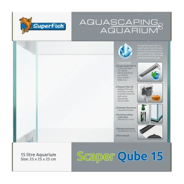 SuperFish Scaper Qube Aquarium CrystalClear Glass Fish Tank Filter LED Light CO2 3