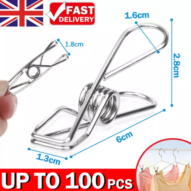 20-100 Stainless Steel Washing Line Clothes Pegs Hang Pin Metal Clips Clamps UK