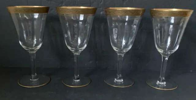 4 Tiffin-Franciscan Optic Panel  Water Wine Goblets  Gold Encrusted rim ? Minton