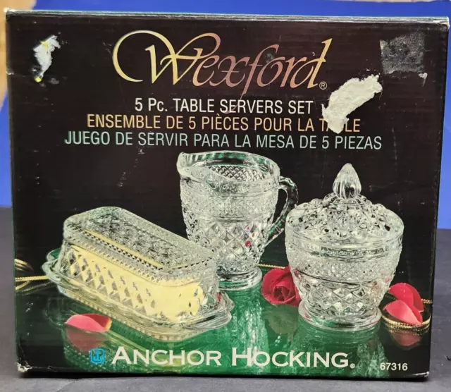 Anchor Hocking Wexford Glass 5pc Covered Butter Dish Sugar Bowl Creamer Set NEW