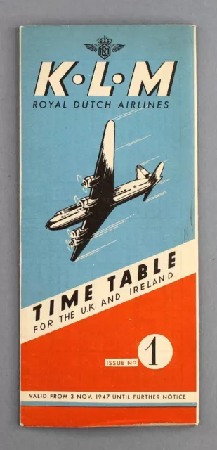 Klm Timetable November 1947 Uk & Ireland Airline Schedule Royal Dutch Airlines